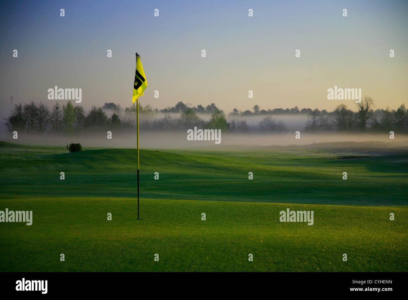 Bandera de Golf en verde en las primeras horas de la mañana la niebla y la niebla Foto de stock