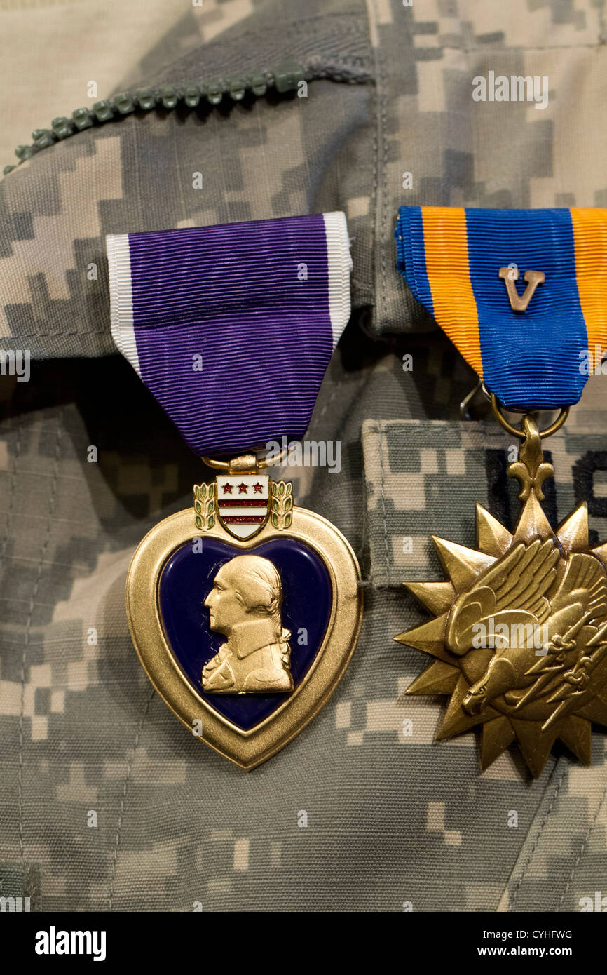 El sargento Patrick Rogers' medallas después de recibir el Corazón Púrpura del Gobernador de Texas Rick Perry para heroic Foto de stock