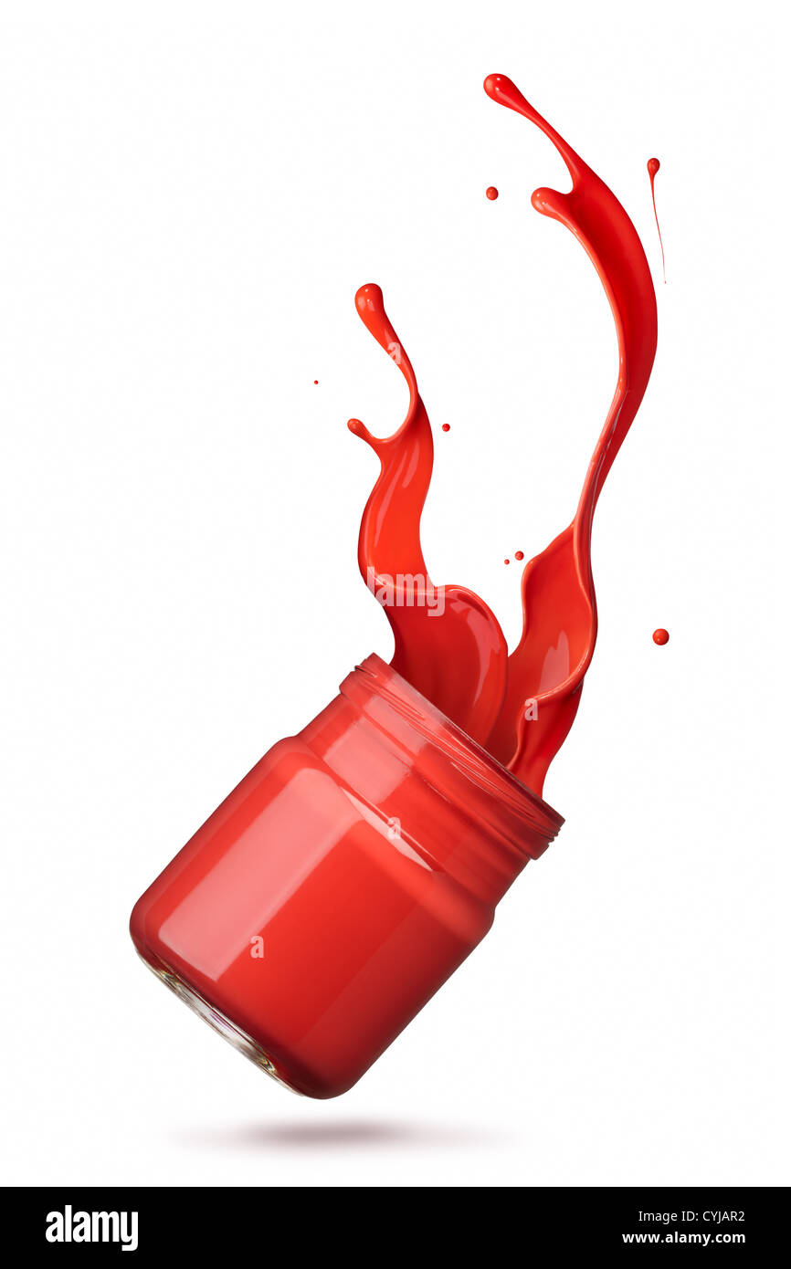 Botella de derramar tinta roja crear splash Foto de stock