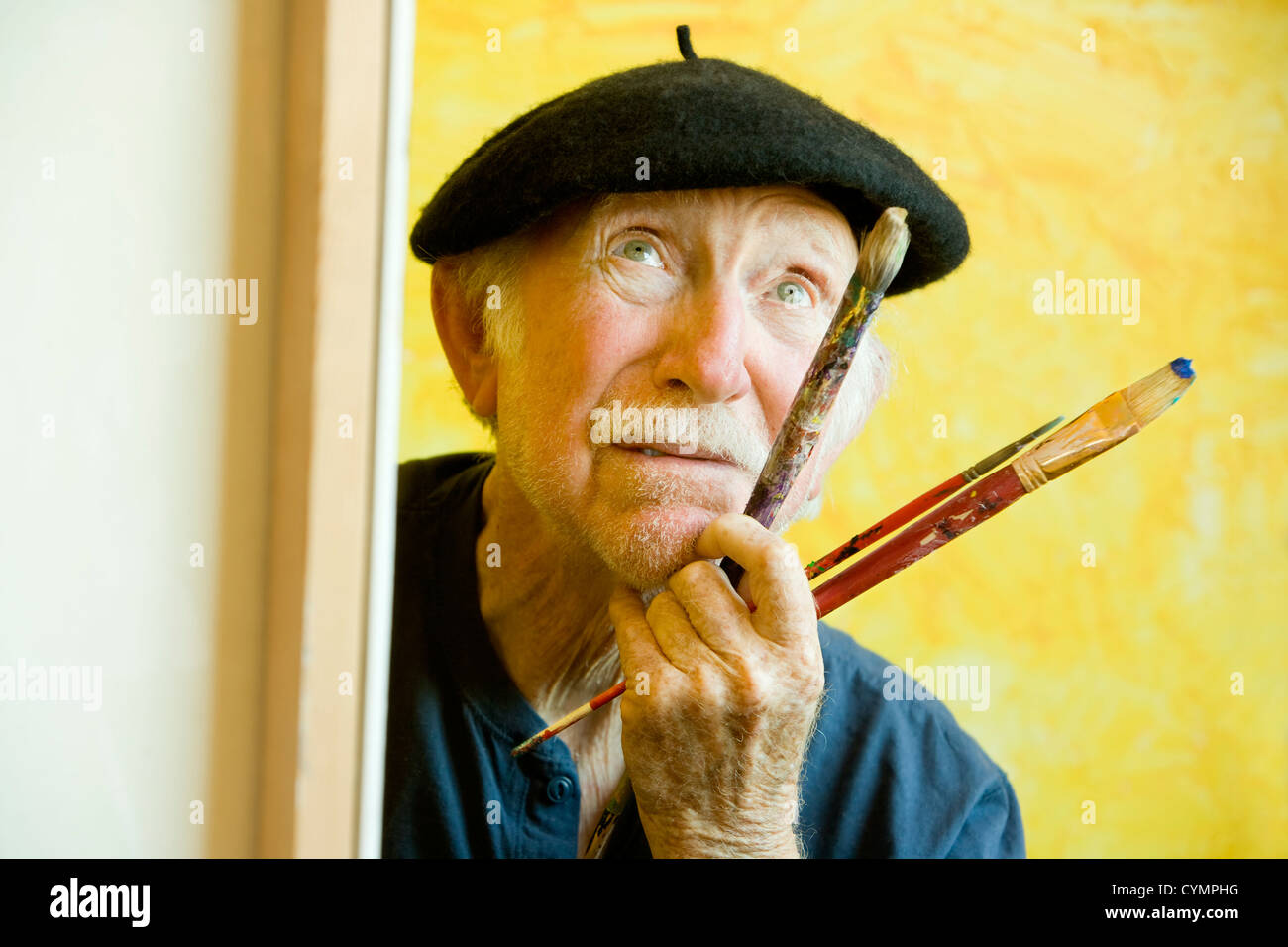 Anciano pintor vistiendo una boina trabajando en un gran lienzo y mirando  hacia arriba Fotografía de stock - Alamy