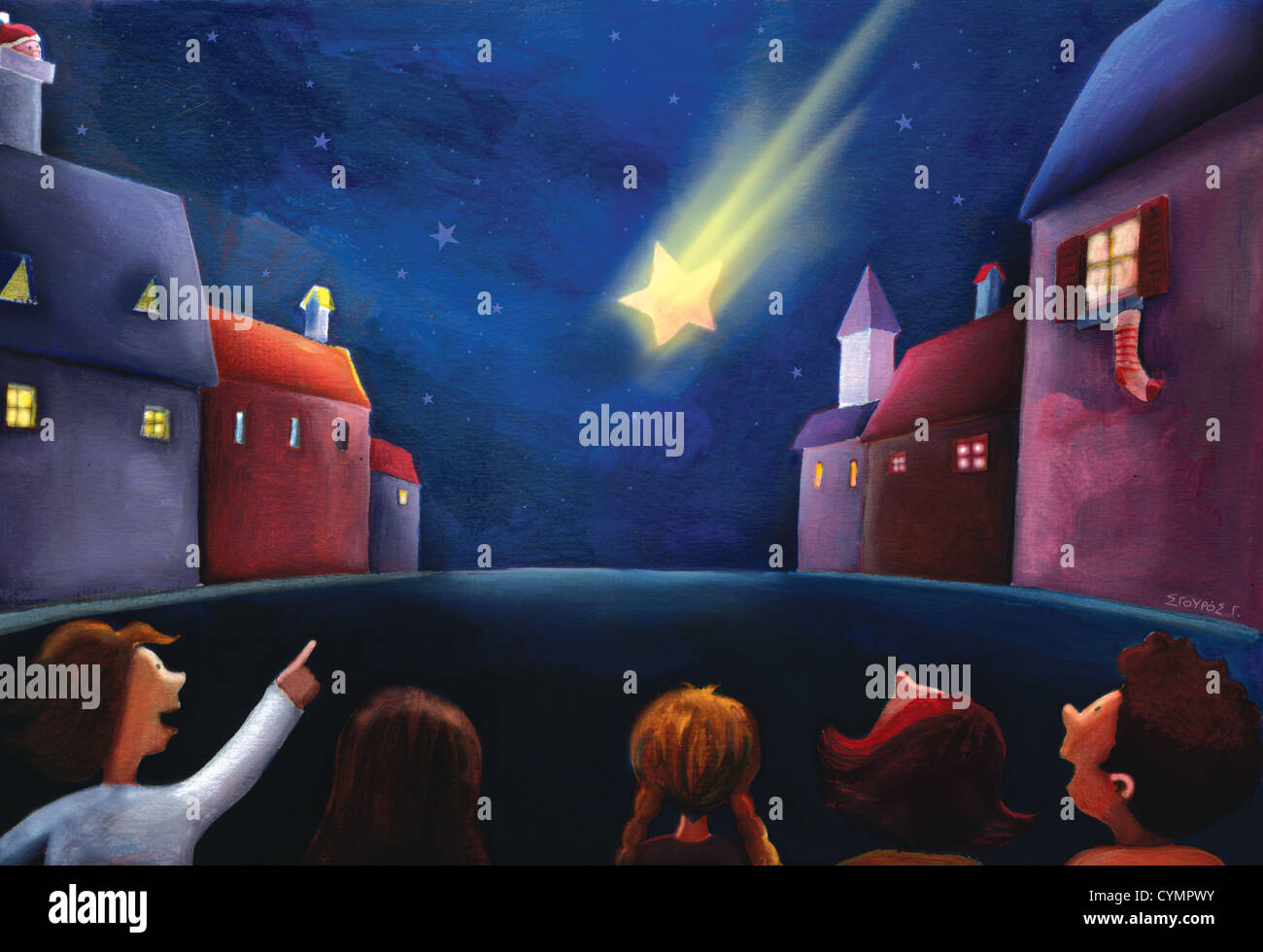 Estrella fugaz (grupo de niños viendo una estrella fugaz durante la víspera  de Navidad Fotografía de stock - Alamy