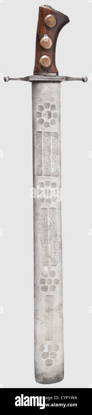 Una espada alemana, la hoja de finales del siglo 16. Hoja de doble filo de punta  Roma. Los fullers cortos y grupos de recreos en cualquier cara de la hoja,  grabados con