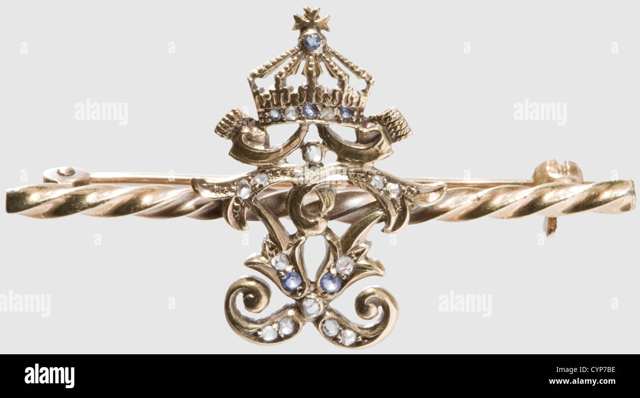 Tsar Ferdinand I de Bulgaria (1861 - 1948) - un broche de oro con joyas y  correspondencia, ambos dirigidos a la científica natural Erna  Schmitt-Kröss. Oro, zafiros y diamantes. Cifrado reflejado 'F'