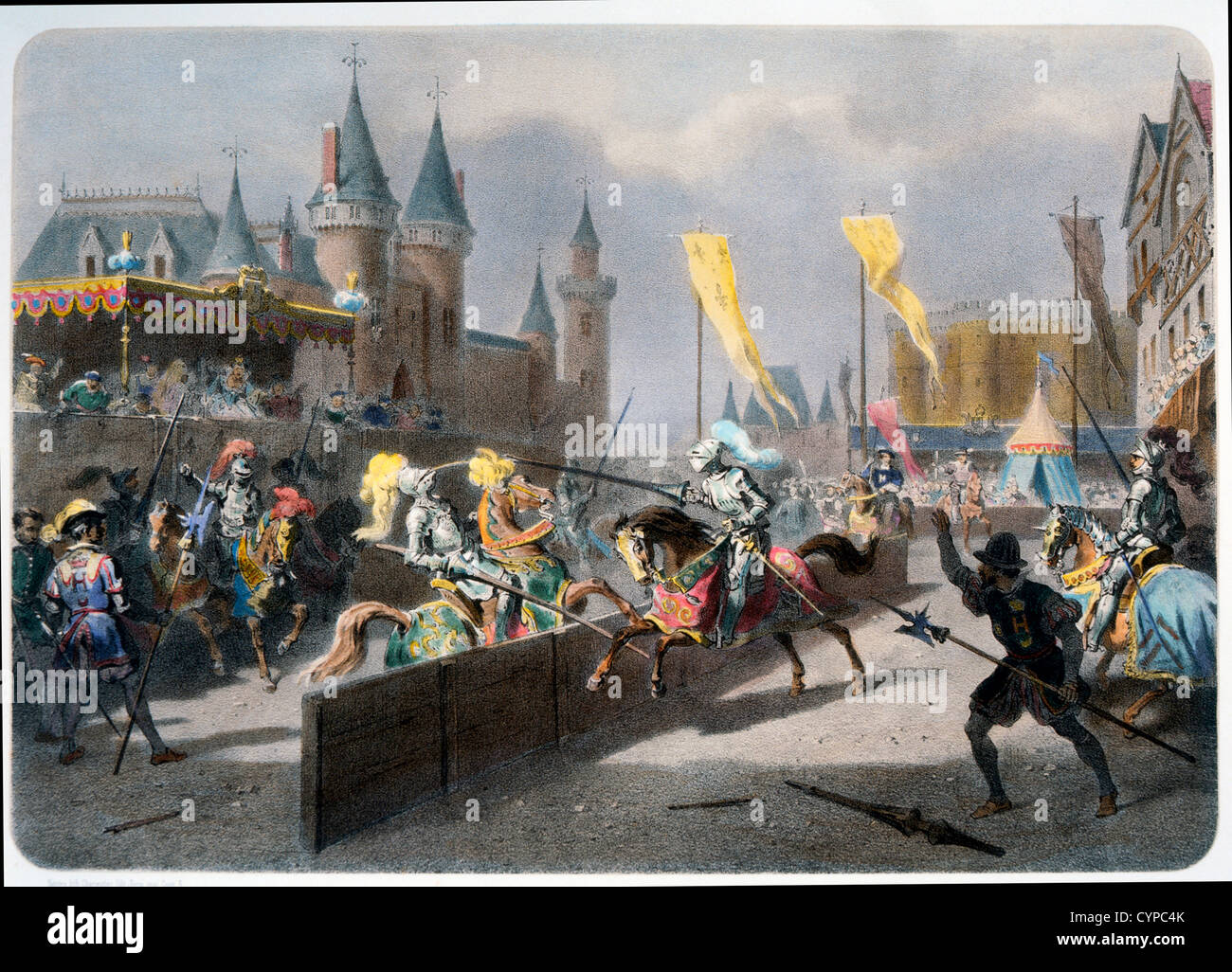 Henry II es herido mortalmente por Montgomery, Torneo en París, Francia, Hand-Colored grabado, 25 de junio de 1559 Foto de stock
