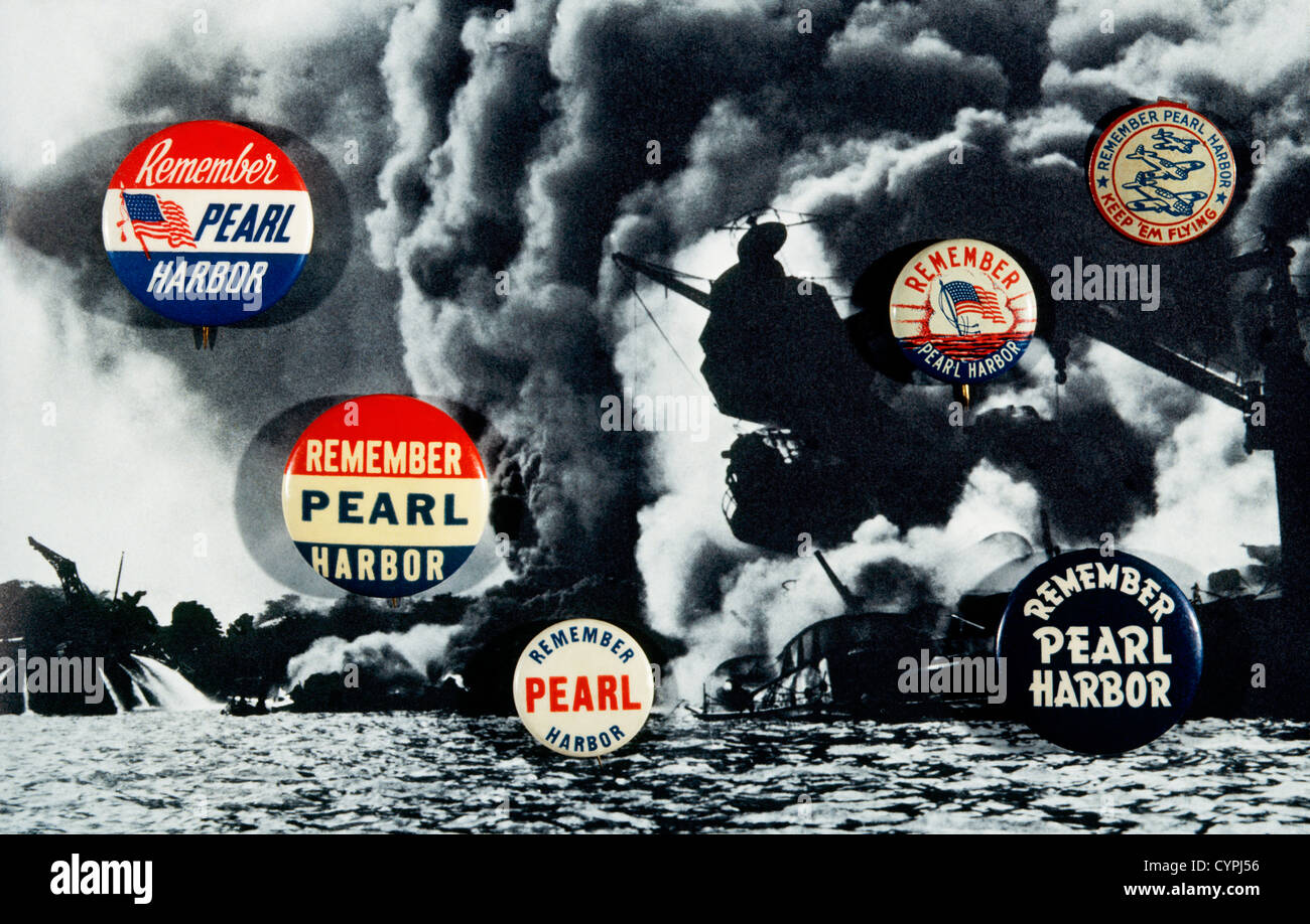 "Remember Pearl Harbor", el 7 de diciembre de 1941, el botón en la parte superior de la USS Arizona Afire Foto de stock