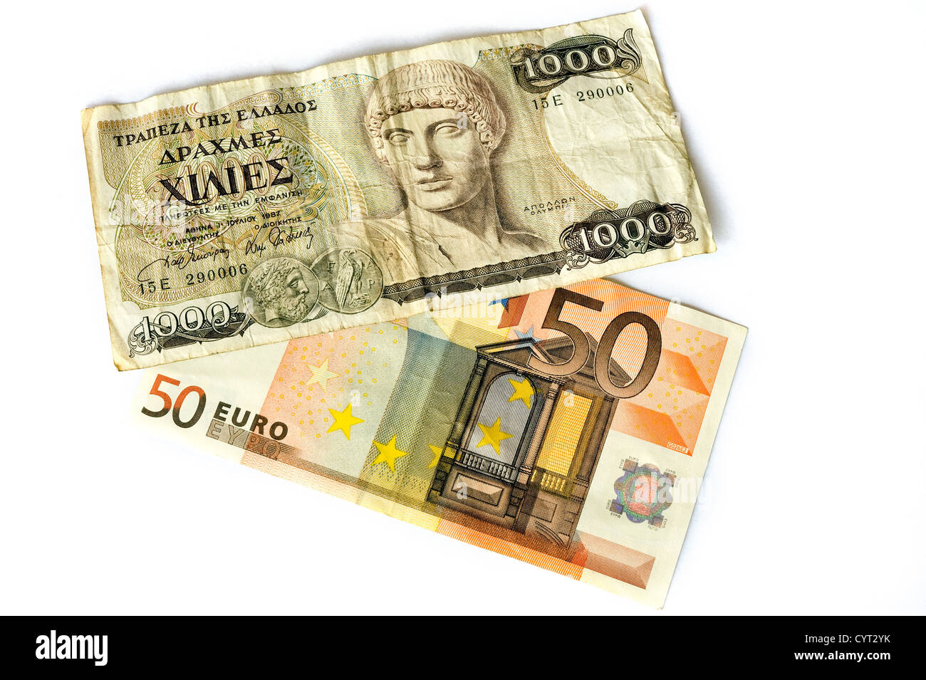 1000 Drachmen bill de Grecia, y una factura de 50 euros. Foto de stock