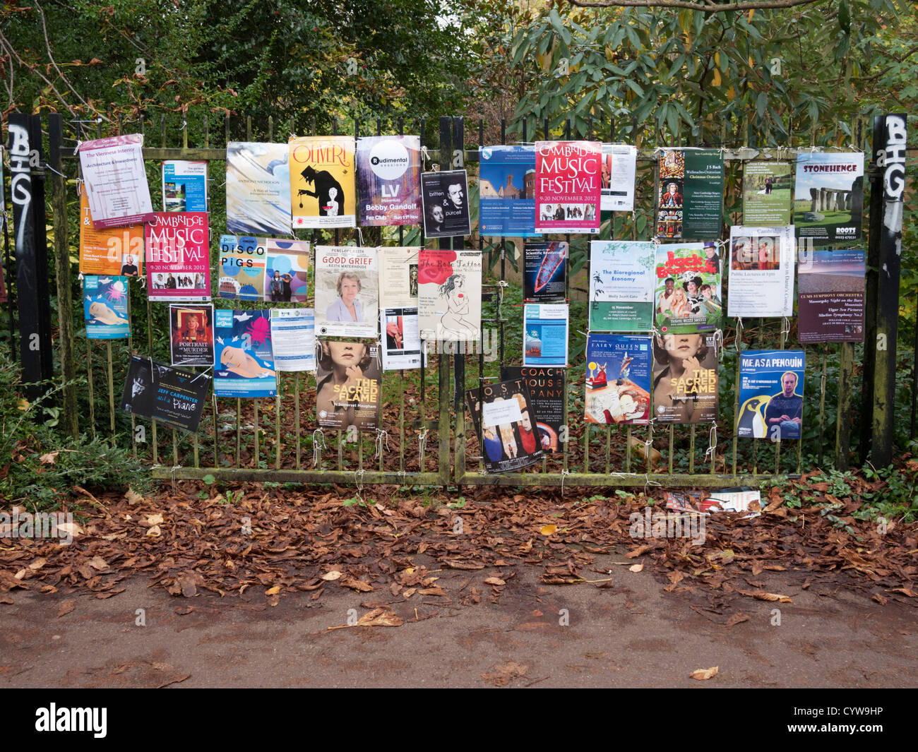 Eventos de entretenimiento de la Universidad carteles de publicidad anclado a una valla en Cambridge, Reino Unido Foto de stock