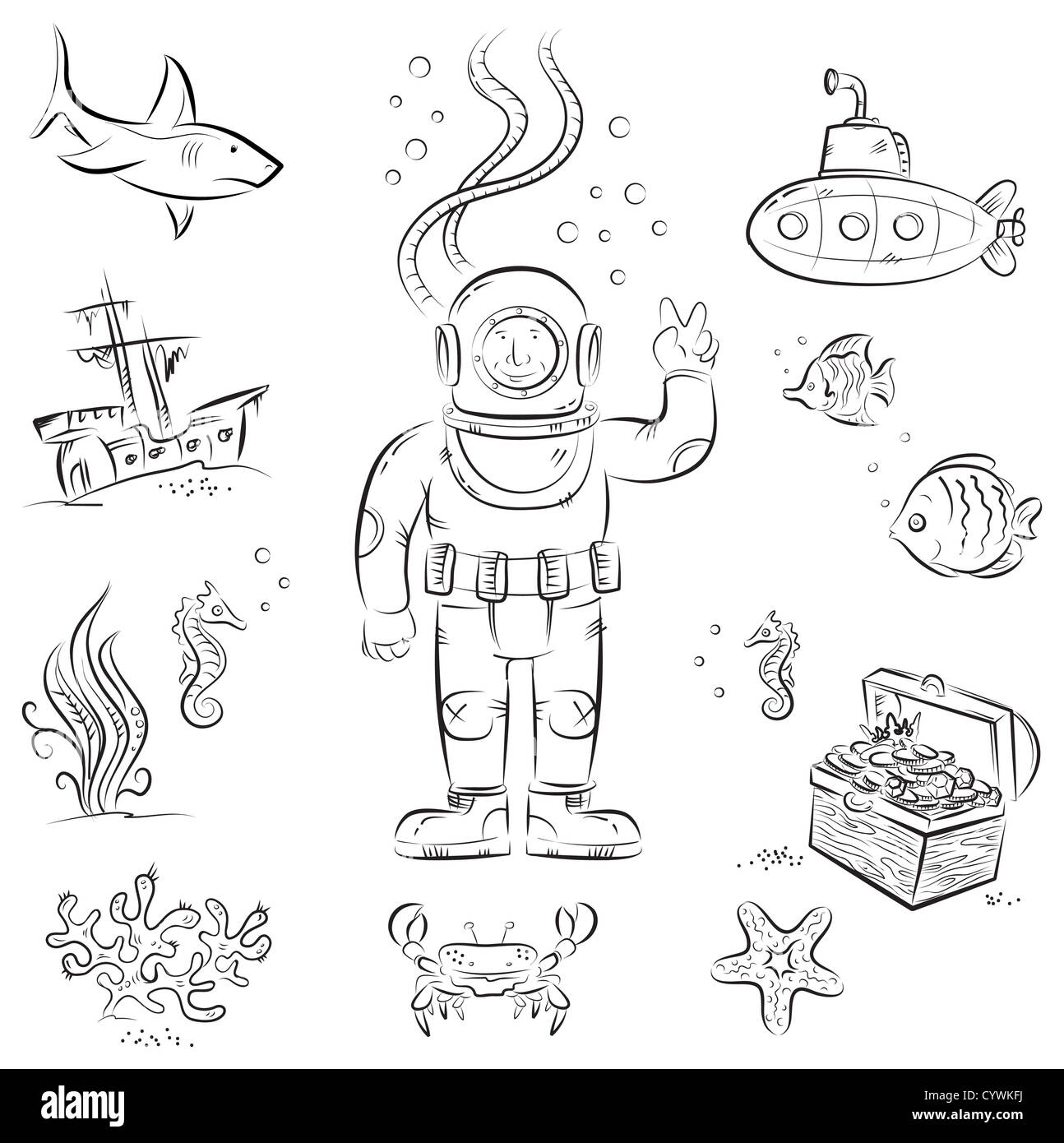 Boceto de caricatura divertida izolated objetos en submarinismo theme Foto de stock