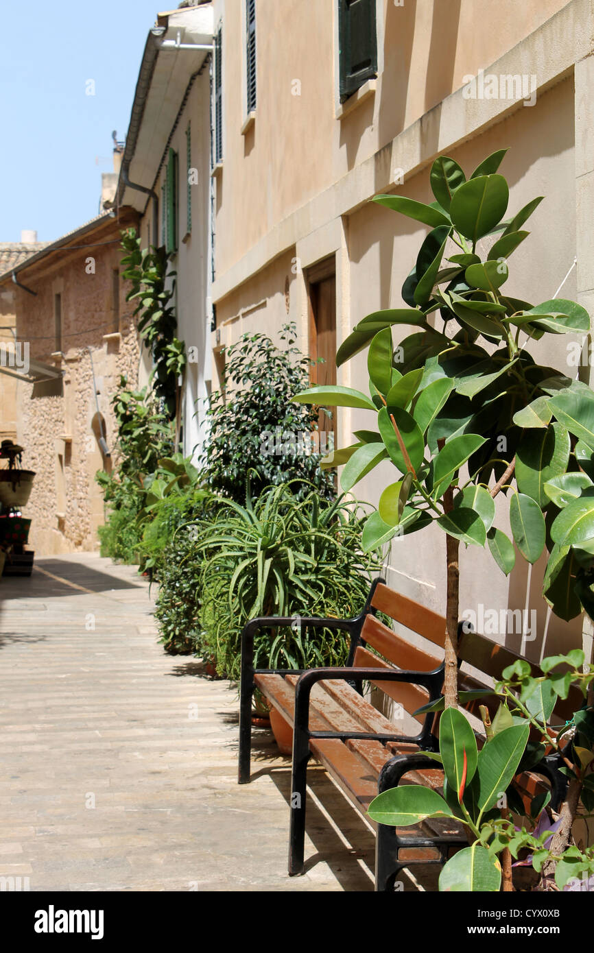 Escena de una calle típica española con plantas verdes y banco de madera, Mallorca, España. Foto de stock