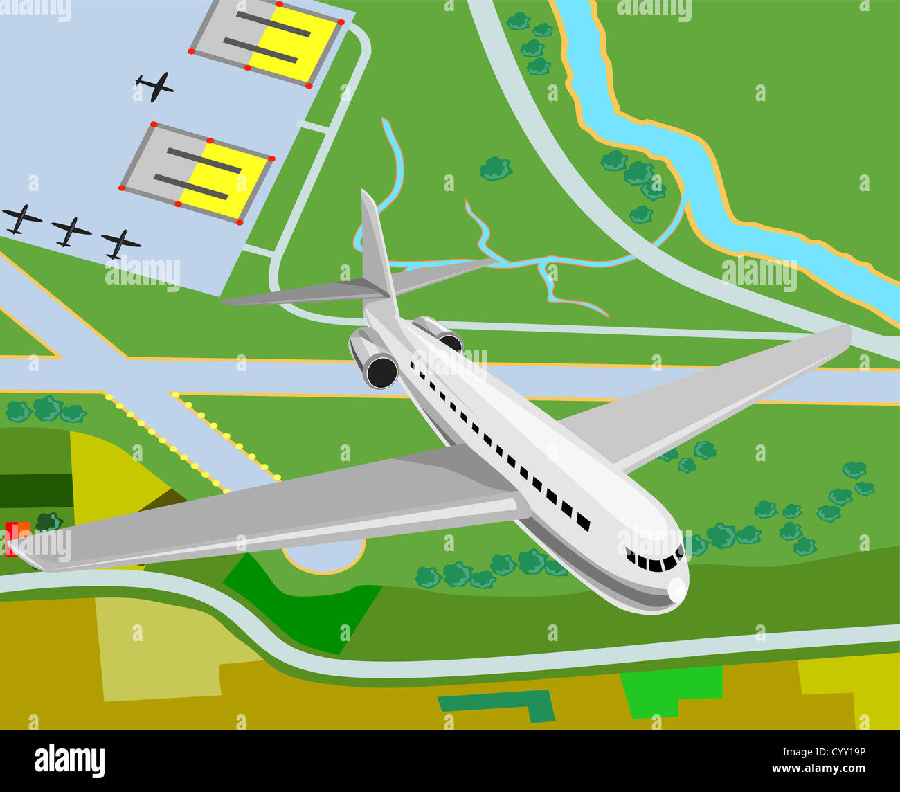 Ilustración de un avión comercial del jet airliner vista aérea. Foto de stock