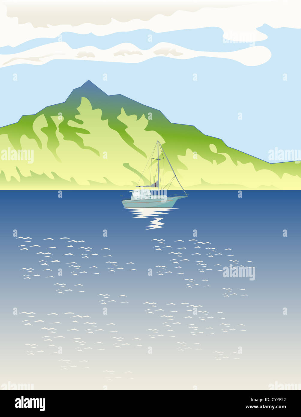 Ilustración de un velero navegar por el lago de montaña en estilo retro de fondo. Foto de stock
