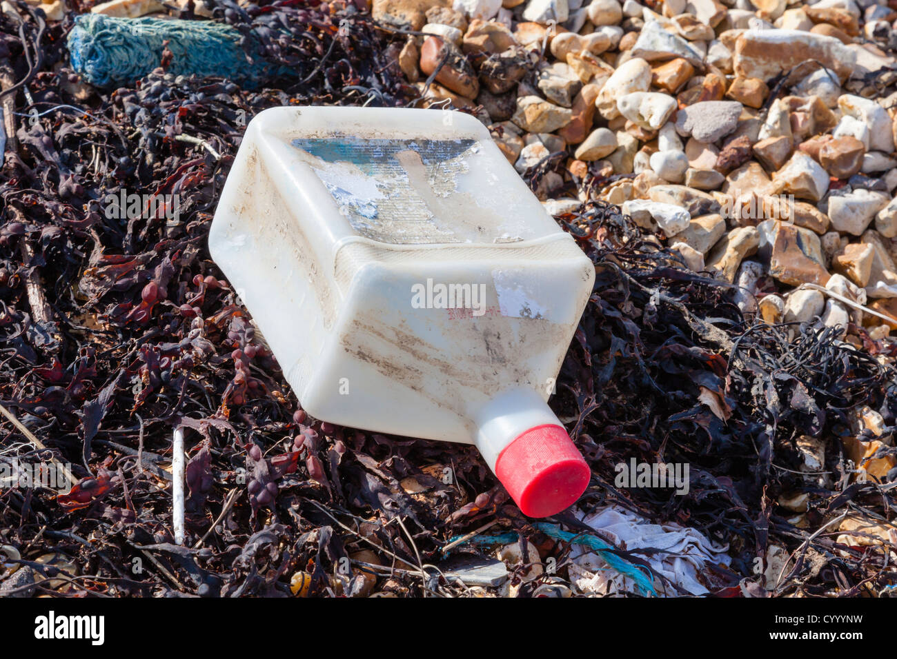 Recipiente de plástico arrastrados hasta la playa de Eastney, Langstone Harbor, Portsmouth, Reino Unido Foto de stock