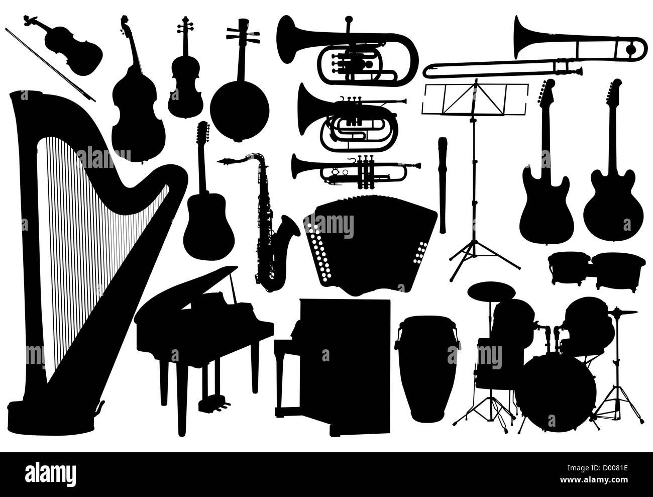 Conjunto de instrumentos de música sobre fondo blanco. Foto de stock