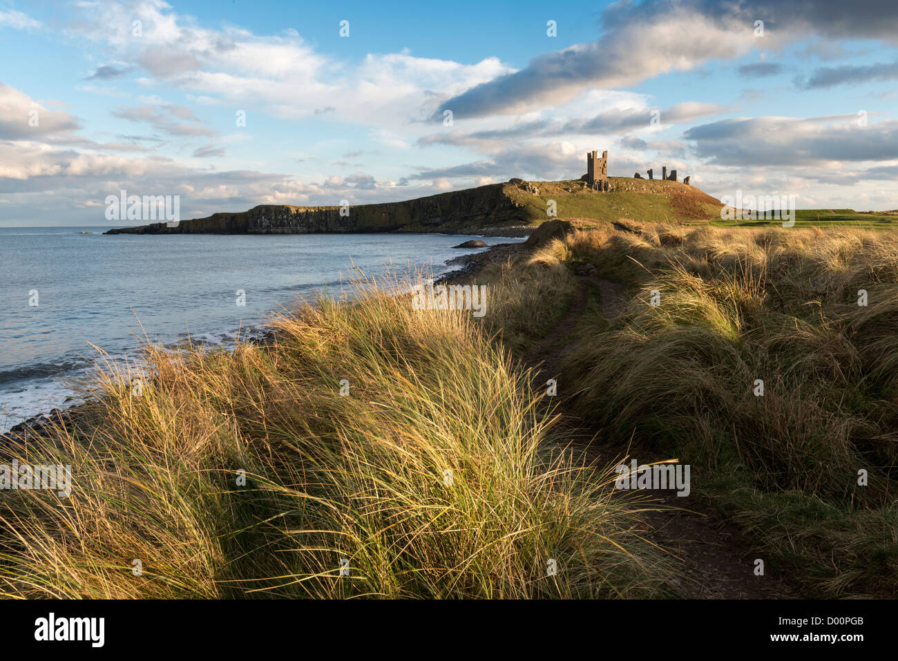 Castillo de Dunstanburgh a principios de noviembre por la tarde la luz Foto de stock