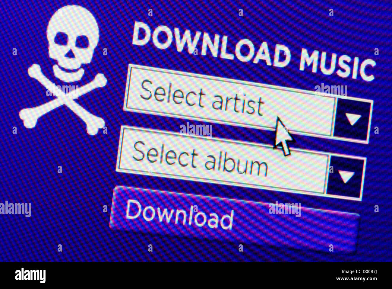 Cerca de un sitio web ficticio pirata ilegal invitando a los usuarios a descargar música. Foto de stock