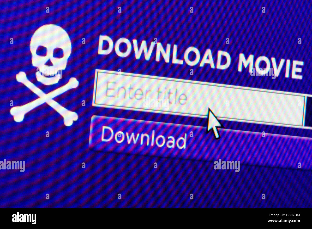 Cerca de un sitio web ficticio pirata ilegal invitando a los usuarios a descargar una película. Foto de stock