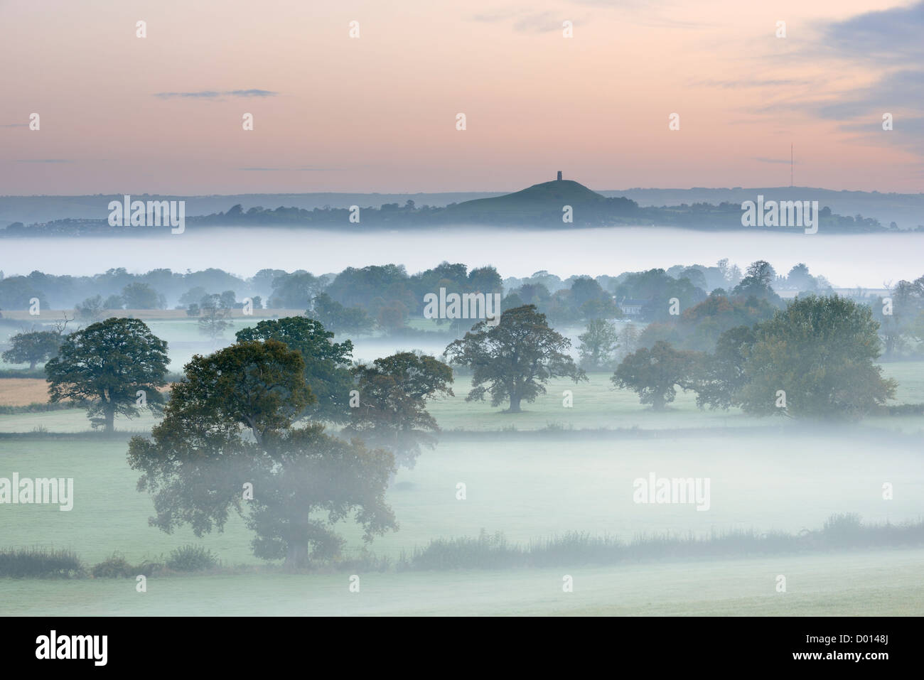 Los campos cubiertos de neblina hacia Glastonbury Tor que domina el paisaje llano de los alrededores de Somerset. Foto de stock