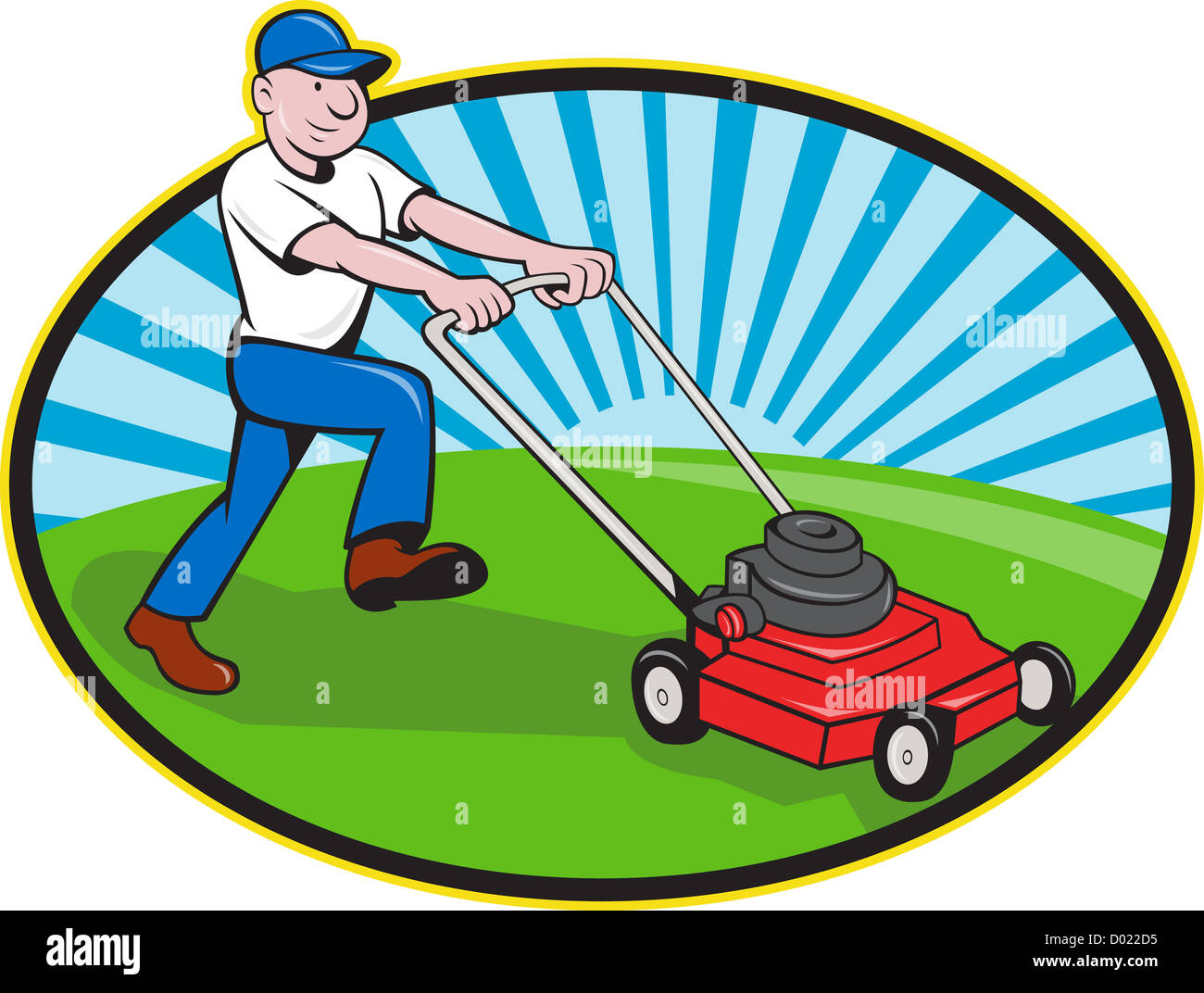 Ilustración de paisajista jardinero empujando el cortacésped sonriendo