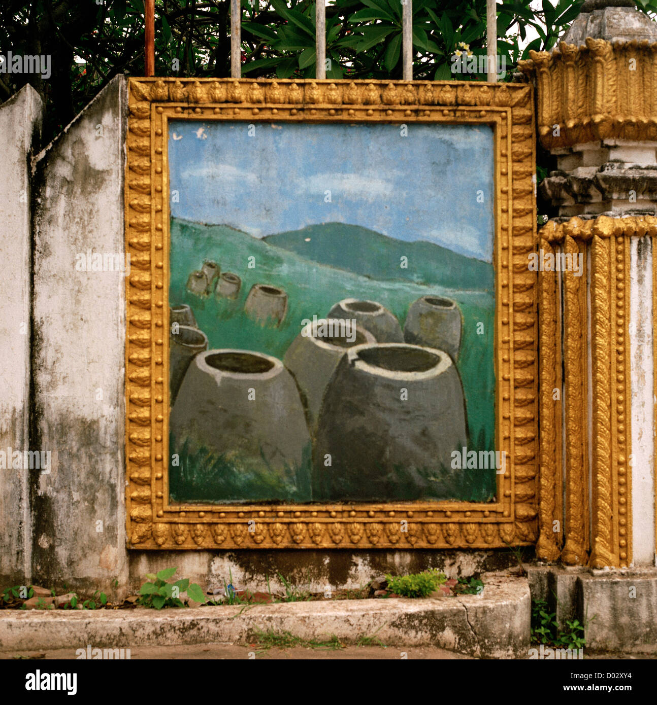 Pintura Artística de la Llanura de las Jarras histórico antiguo en Vientiane en Laos en Indochina en el Lejano Oriente, el sudeste de Asia. Ilustración Historia Viajes Foto de stock
