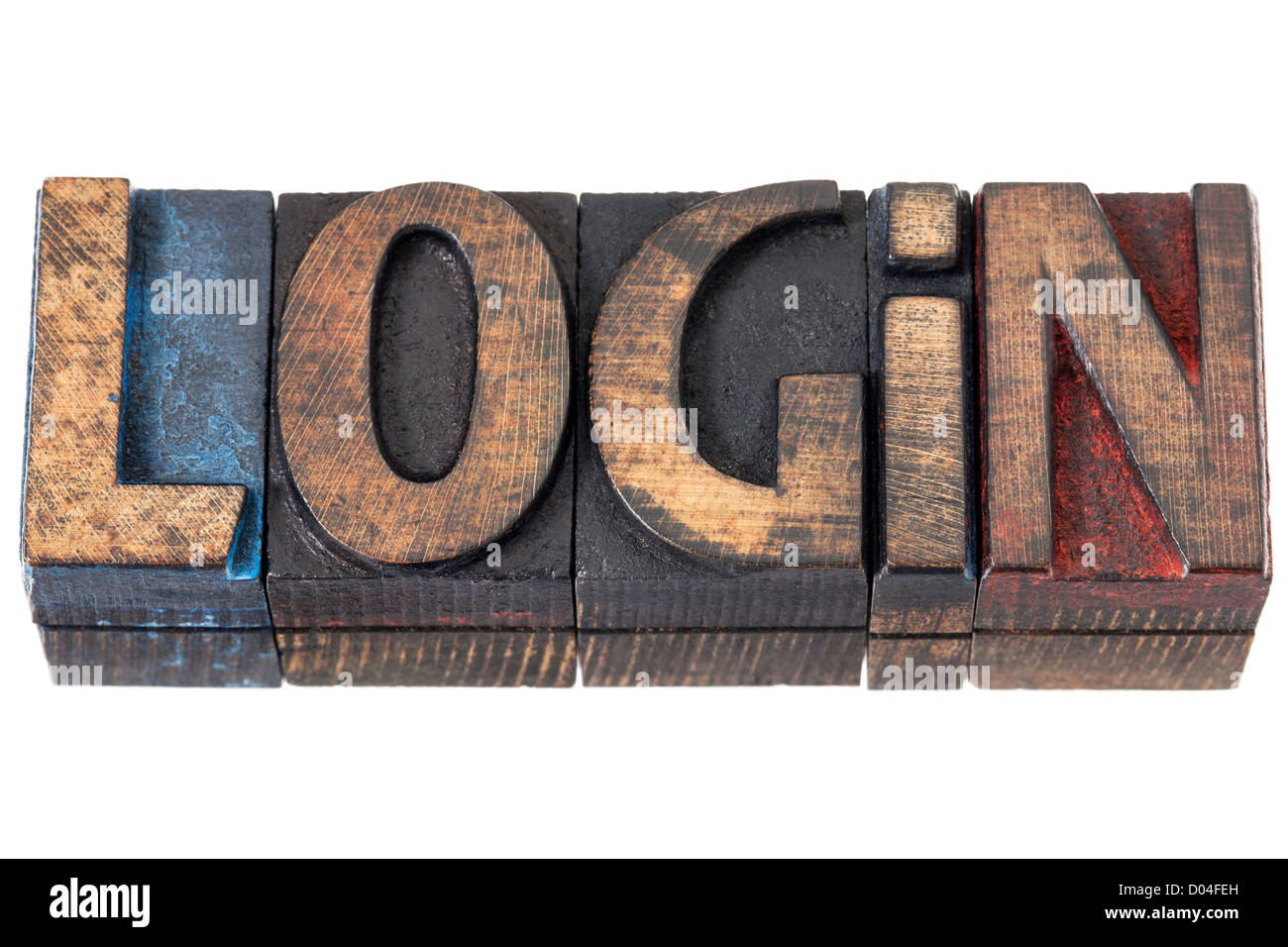 Login - palabra aislada en vintage tipografía tipo bloques de madera Foto de stock