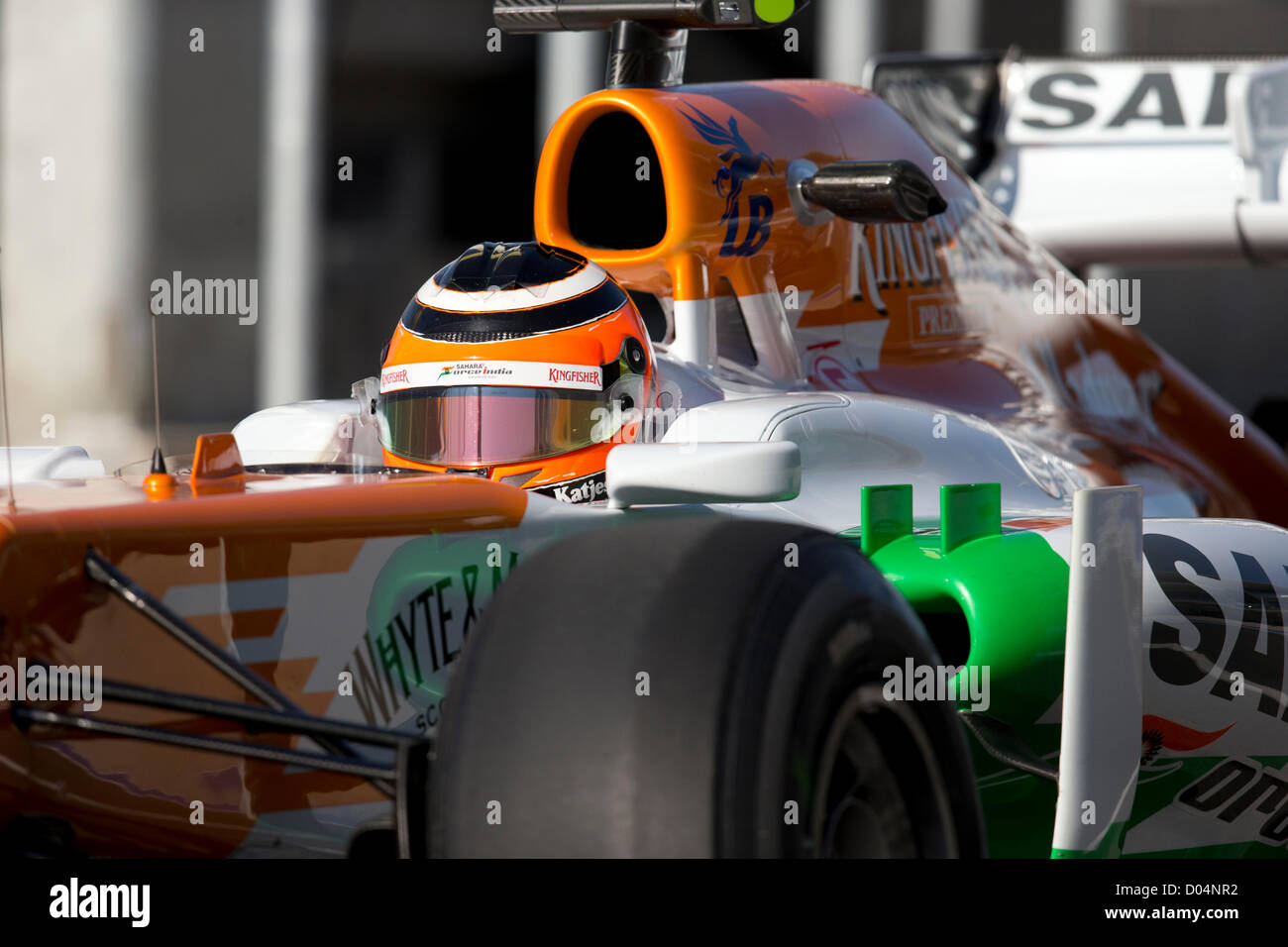 El piloto alemán Nico Hulkenberg jefes de las fosas en la práctica para la F1 Grand Prix de Estados Unidos en el circuito de las Américas Foto de stock