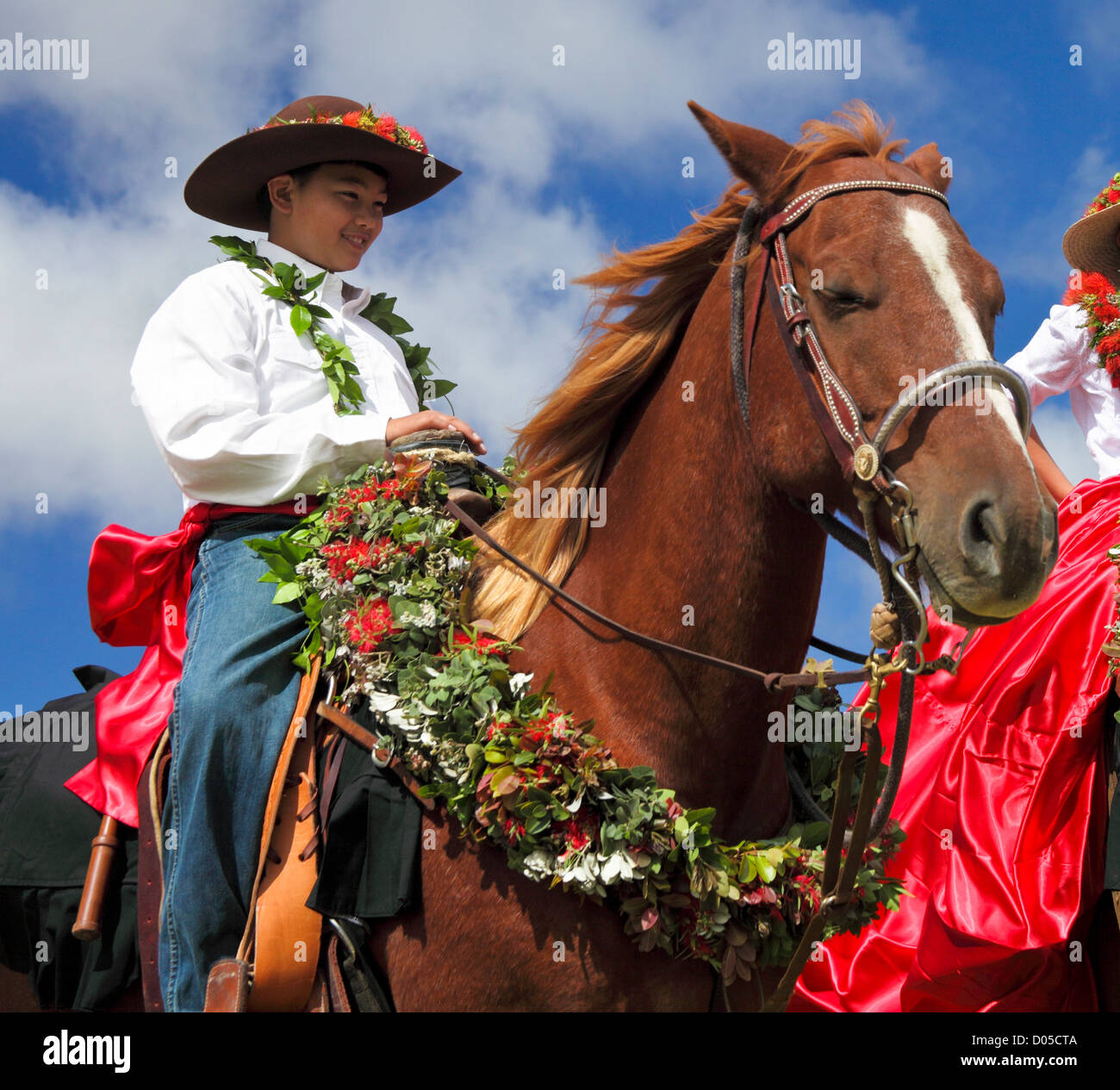 Chico se prepara para el 35º Desfile Anual Paniolo Waimea en la Isla Grande Foto de stock