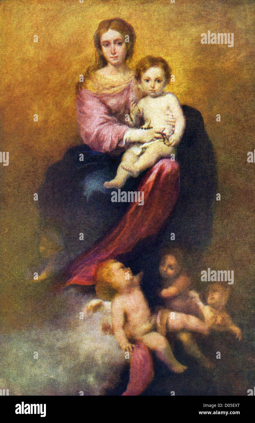 En Murillo la Virgen del Rosario, María se sienta entronizado, con el Santo Niño en su rodilla y querubines concomitantes a sus pies. Foto de stock