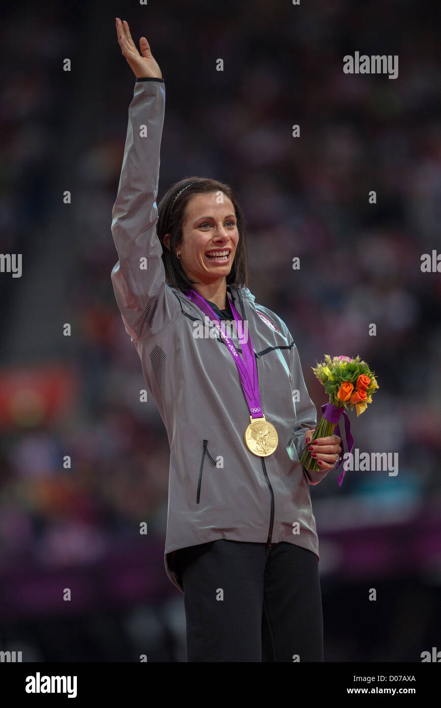 Jennifer Suhr (USA) ganador de medalla de oro en el Salto con Pértiga femenino en el verano de los Juegos Olímpicos de Londres 2012 Foto de stock