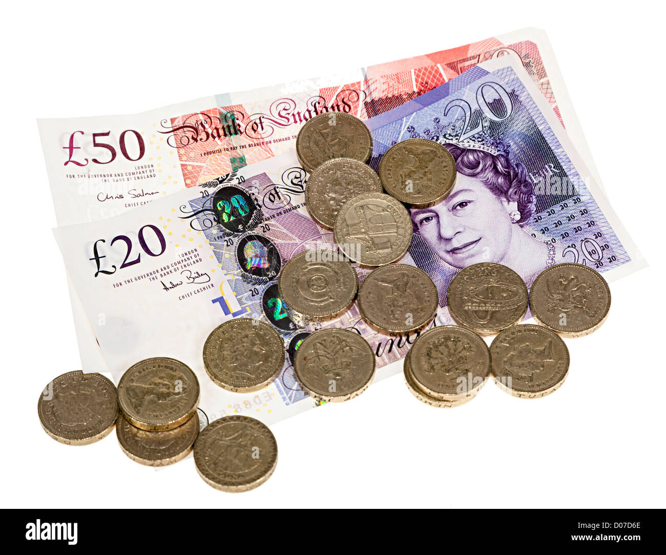 British sterling dinero con £50 y £20 billetes y monedas de libra UK Foto de stock