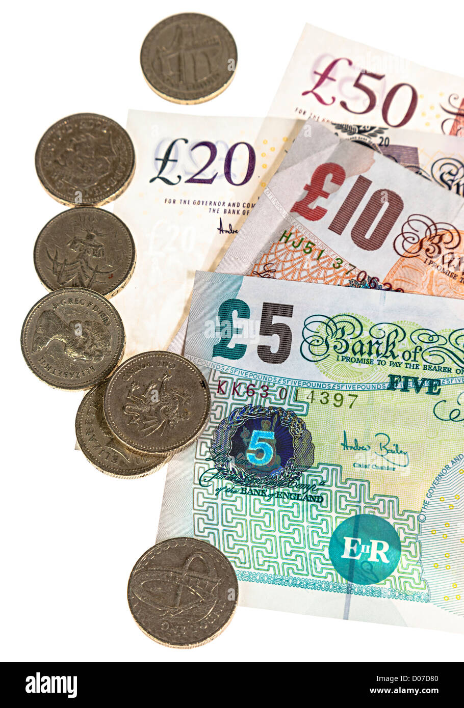 British sterling dinero, billetes y monedas de libra UK Foto de stock