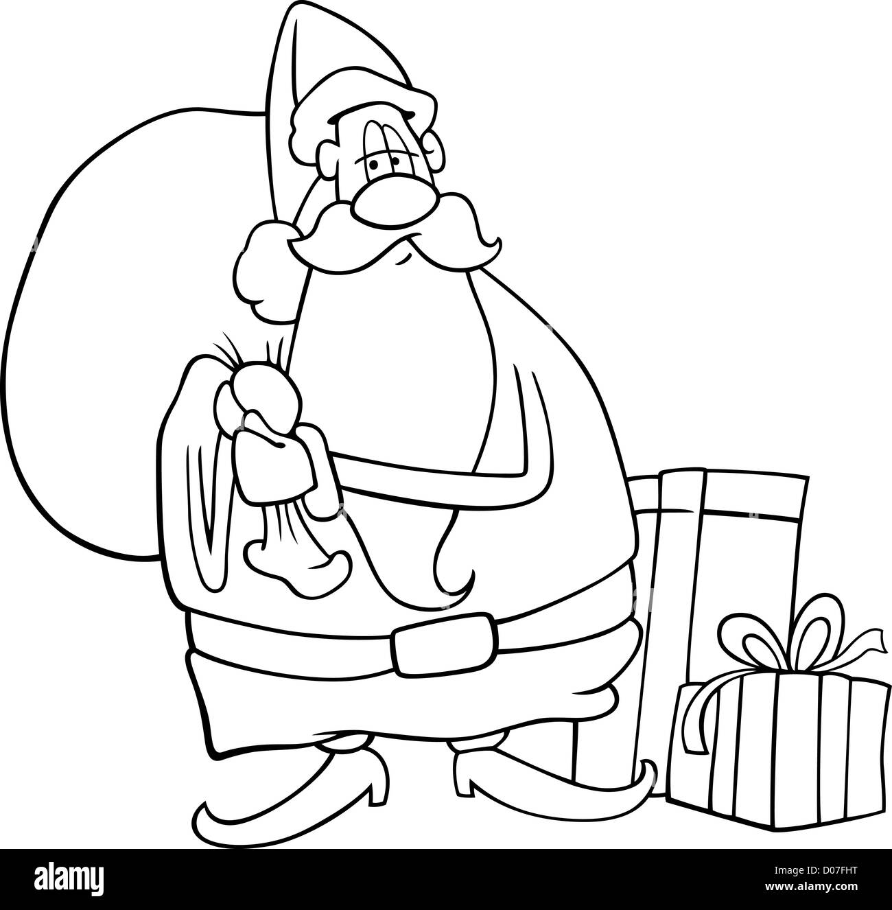 Ilustración caricatura divertida de Santa Claus o Papá Noel con bolsa y  regalos de Navidad y regalos para colorear libro o página Fotografía de  stock - Alamy