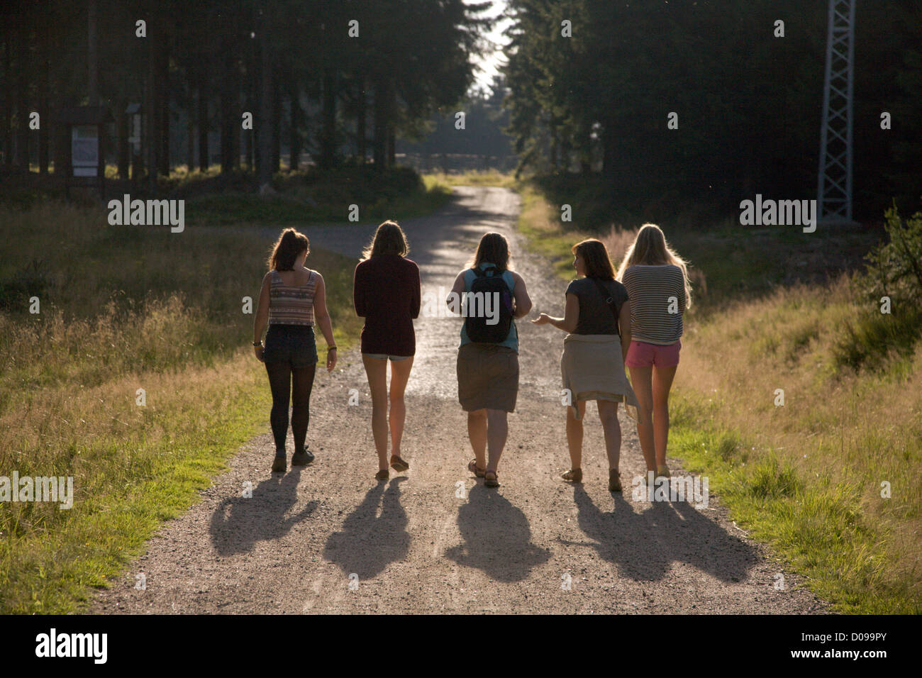 Dos madres y tres chicas adolescentes caminar en el Bosque Norte de Bohemia República Checa Foto de stock