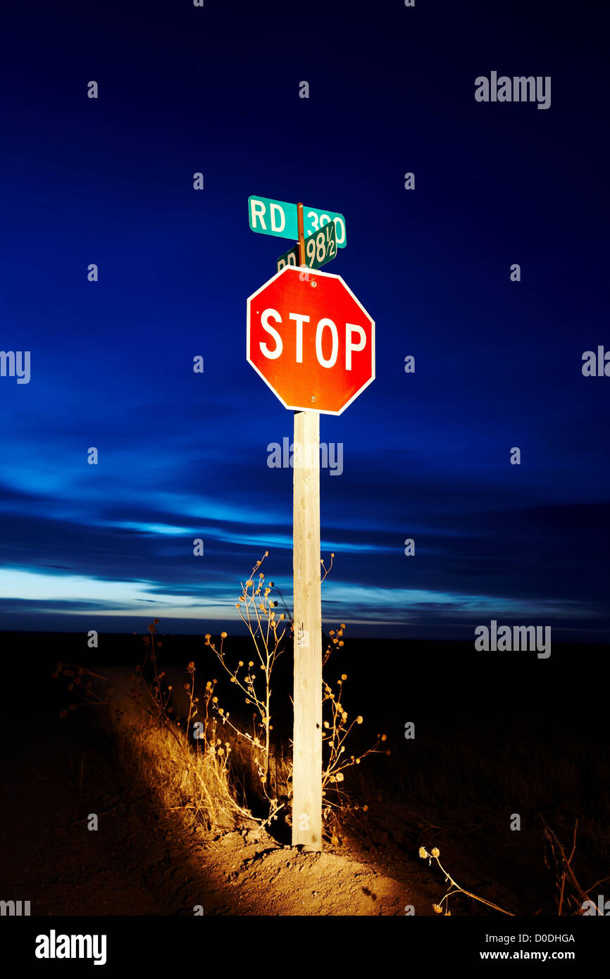 La señal de stop en el country Road intersección, noche Foto de stock