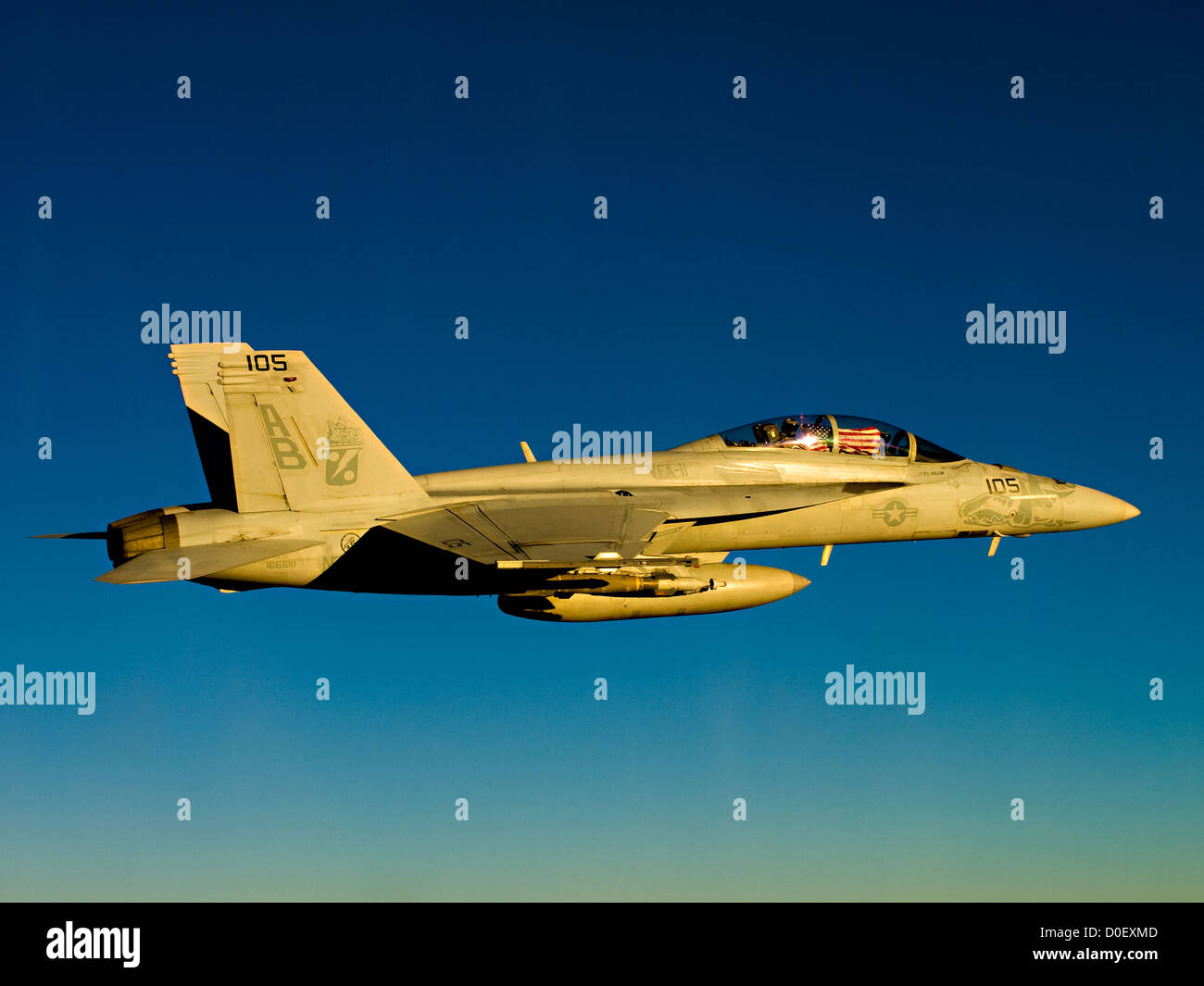 Un F/A-18F Super Hornet muestra la enseña nacional en el cockpit de Septiembre 19, 2012 en el Mar Arábigo. Foto de stock