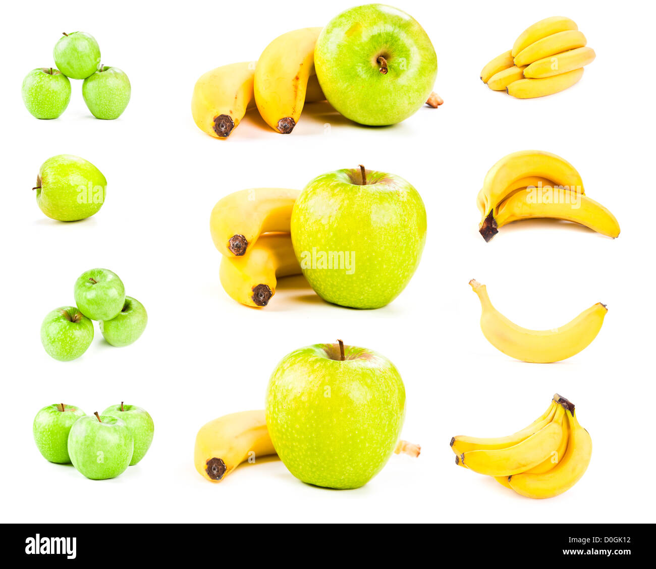 Conjunto de plátanos y manzanas aisladas Foto de stock