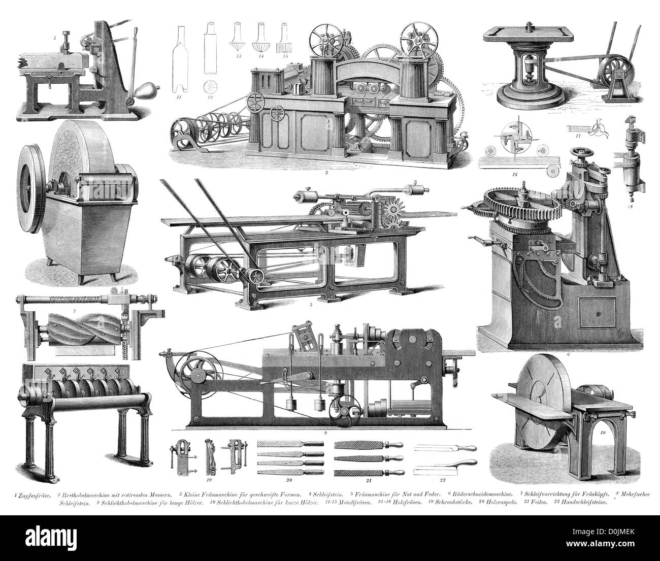 Colección de máquinas desde la revolución industrial, incluyendo múltiples Whetstone, planos de madera y fresadoras Foto de stock