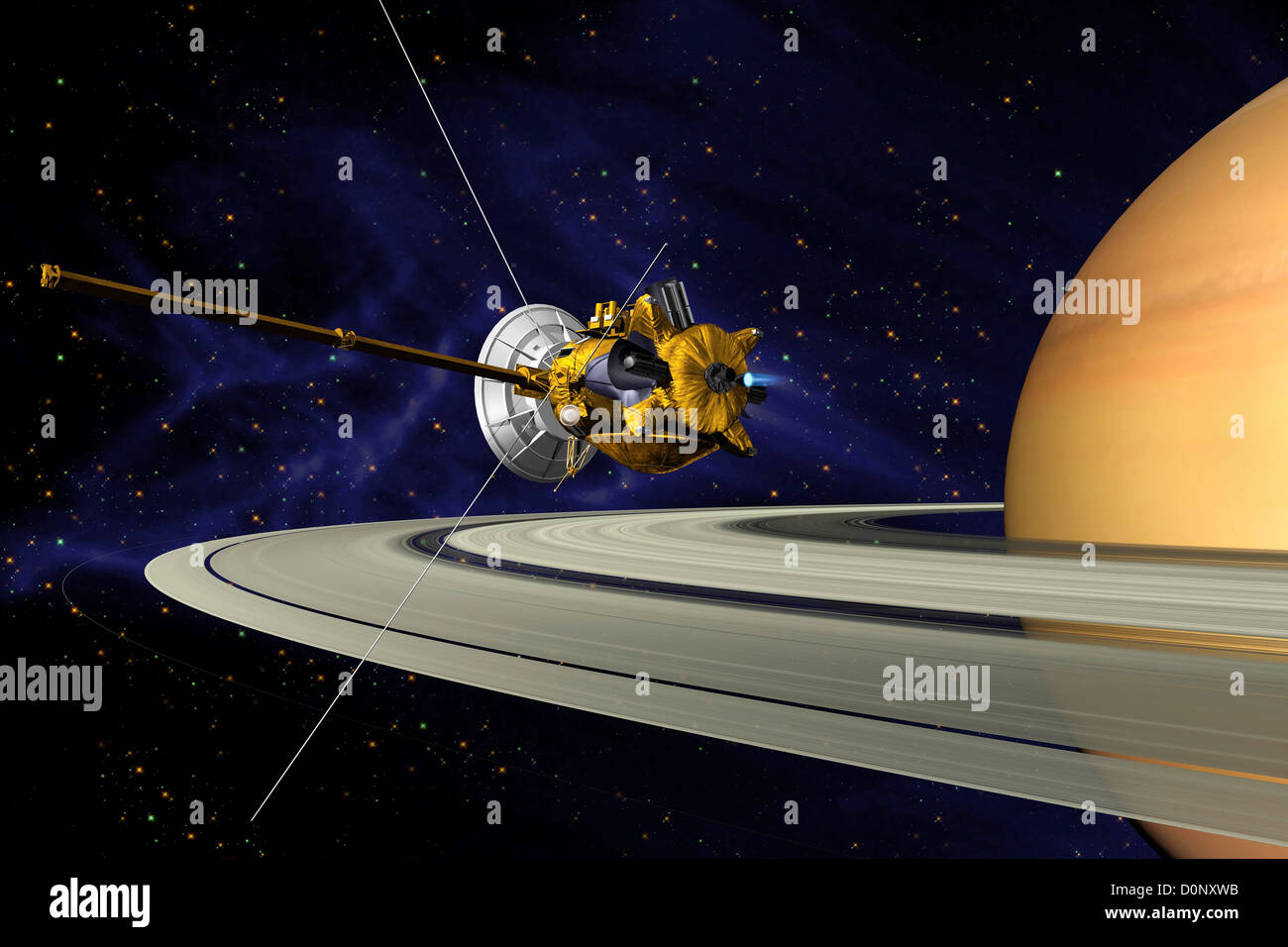 Concepción del artista de la nave Cassini en órbita alrededor de Saturno Foto de stock