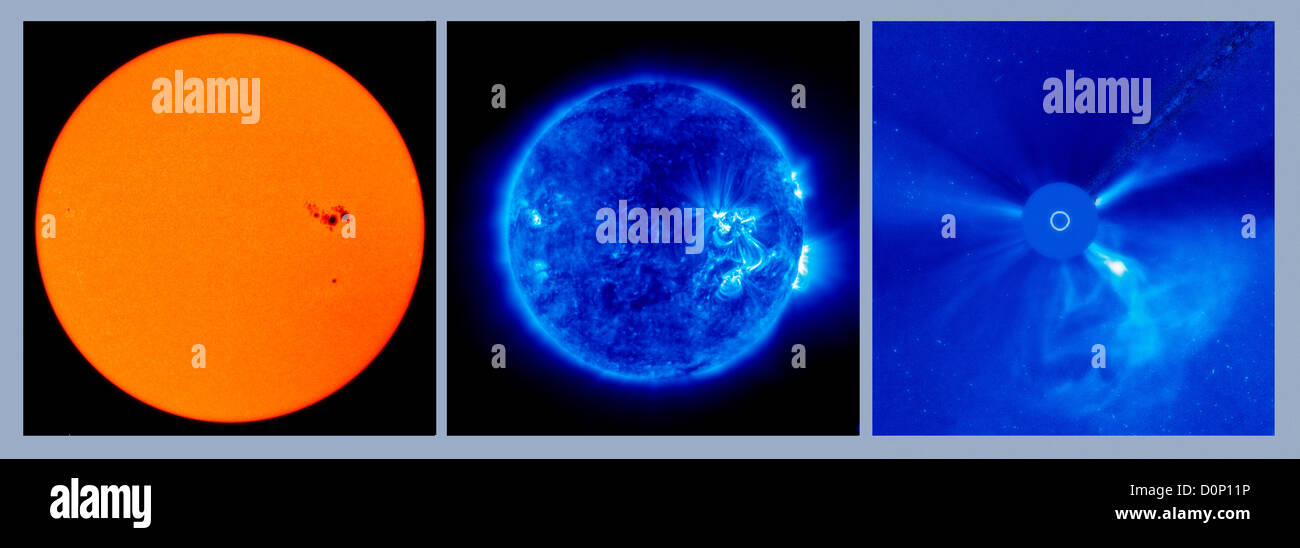 Un trío de imágenes que muestran la actividad región activa 652 en Sun. izquierda par son grandes manchas solares en la luz visible que corresponden imagen Foto de stock