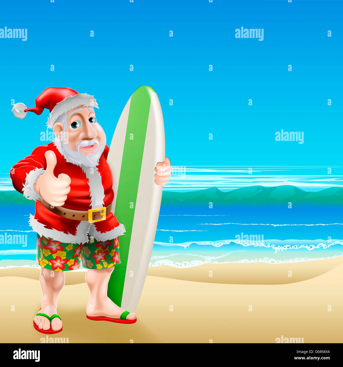 Una ilustración de Santa Claus en pie en pantalones cortos y en una playa sosteniendo una tabla de surf y un up Fotografía de stock -