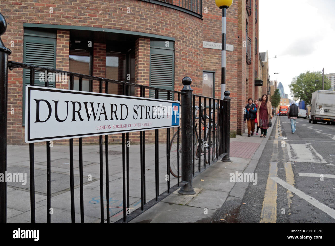 Durward Street, escena del crimen de Mary Ann Nichols, Jack el Destripador la primera víctima, Whitechapel, East London, Reino Unido. Foto de stock