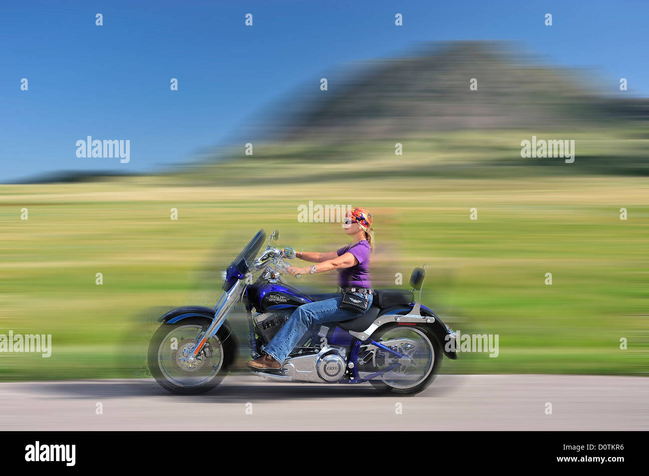 Velocidad, equitación, caminos abiertos, Sturgis, USA, Estados Unidos, América, América del Norte, Black Hills, Maurreen Doz, mujer, bicicleta, modelo rel Foto de stock