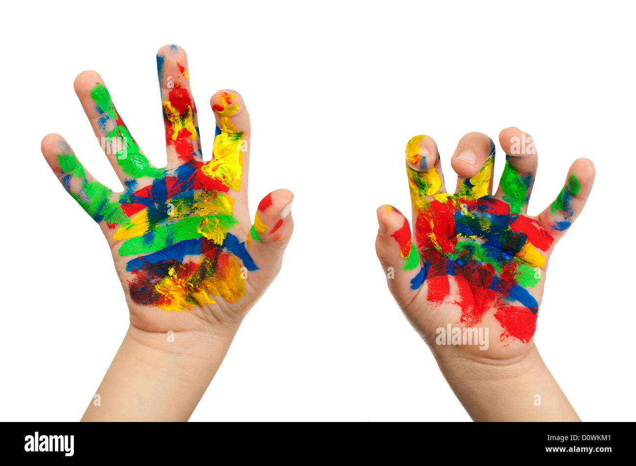 Las manos de los niños, pintadas con pintura de colores. Aislados en blanco  Fotografía de stock - Alamy