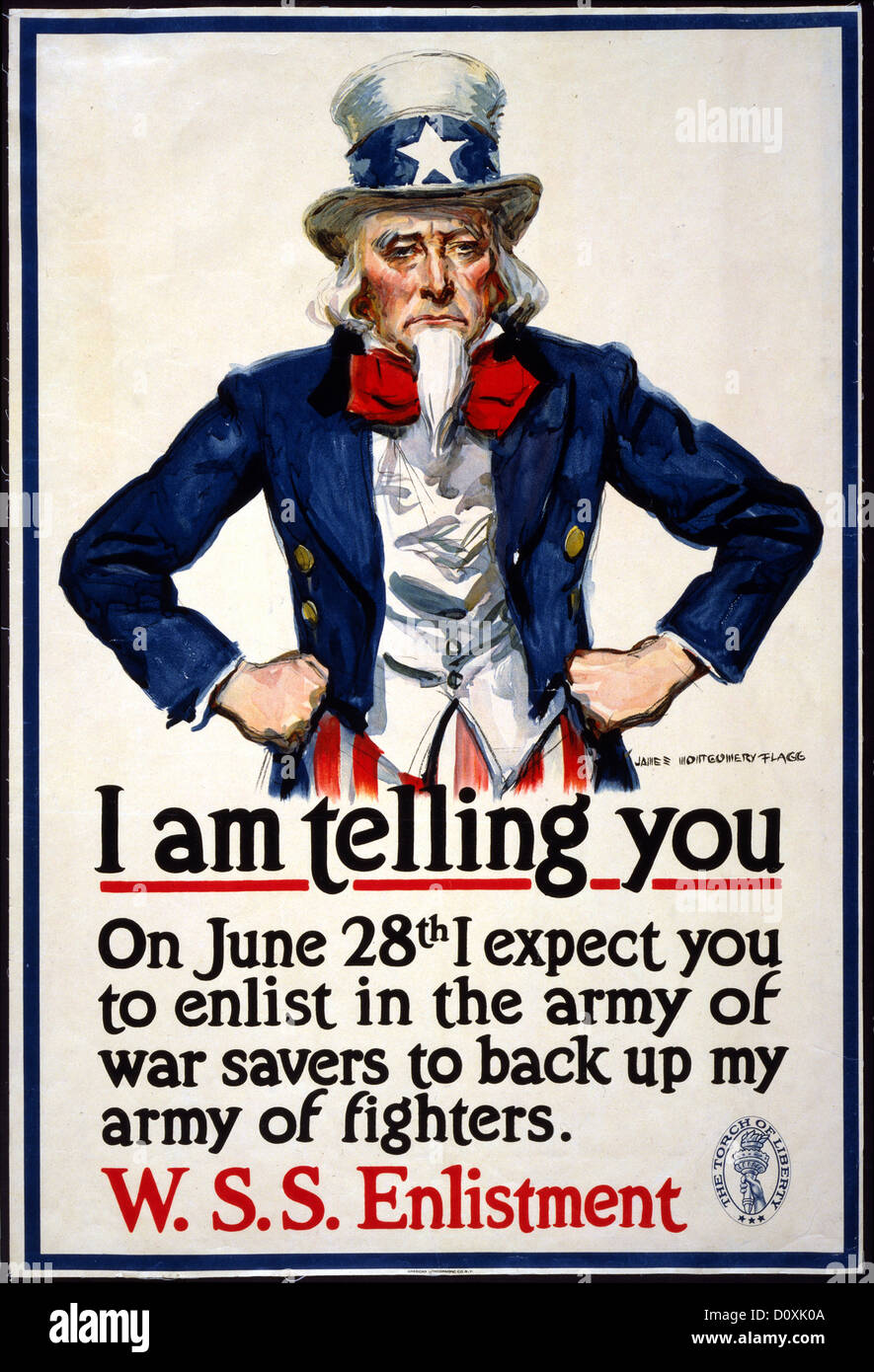 La I Guerra Mundial, Americana, la contratación, el cartel, el Tío Sam, la guerra de ahorristas, back up, alistamiento de 1917, EE.UU. Foto de stock