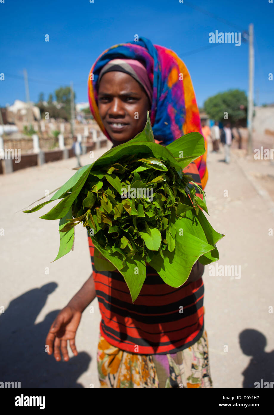 Retrato de una mujer que vendía Khat en Harar, Etiopía Foto de stock