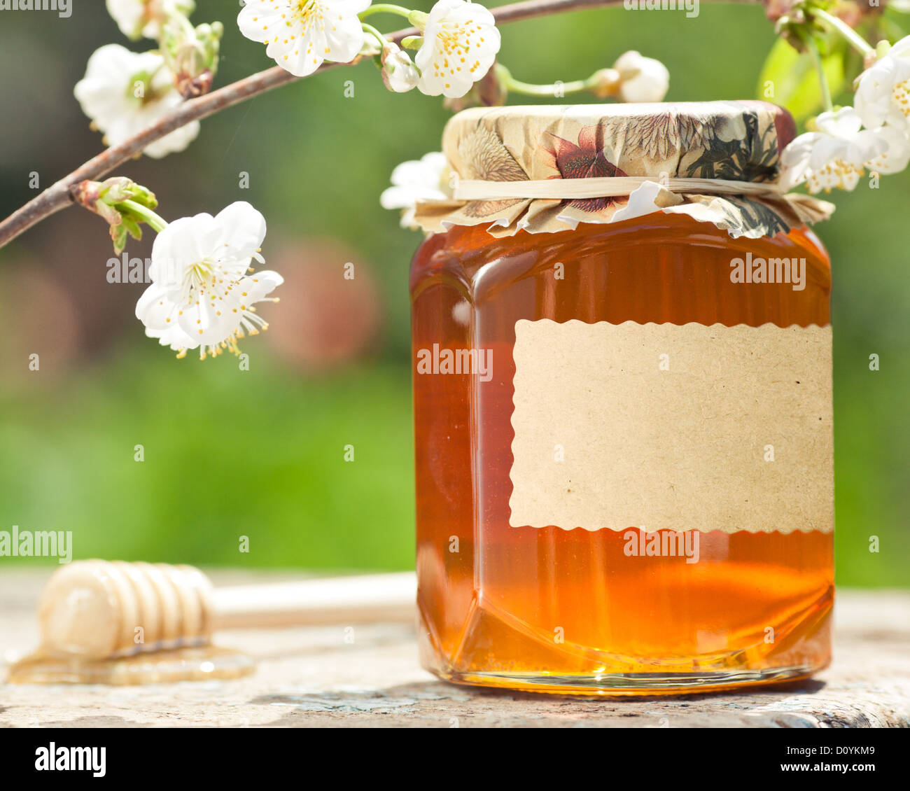 Miel de flores en un tarro de vidrio Foto de stock