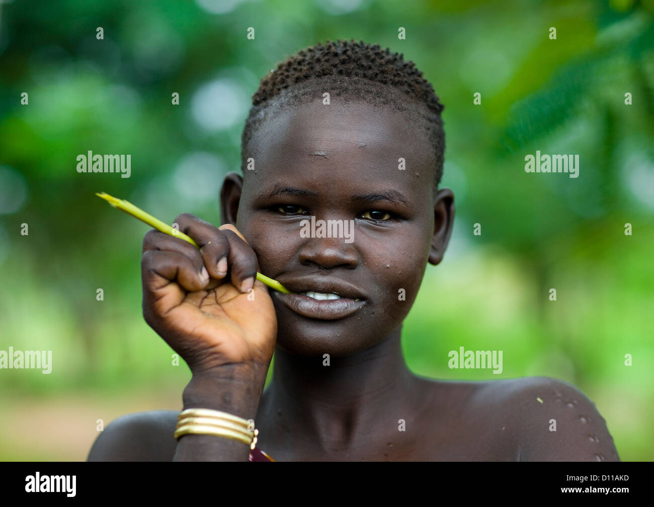 Retrato de una mujer con la tribu Bodi escarificaciones de masticar una Stick, Valle de Omo, Etiopía Fotografía de stock - Alamy