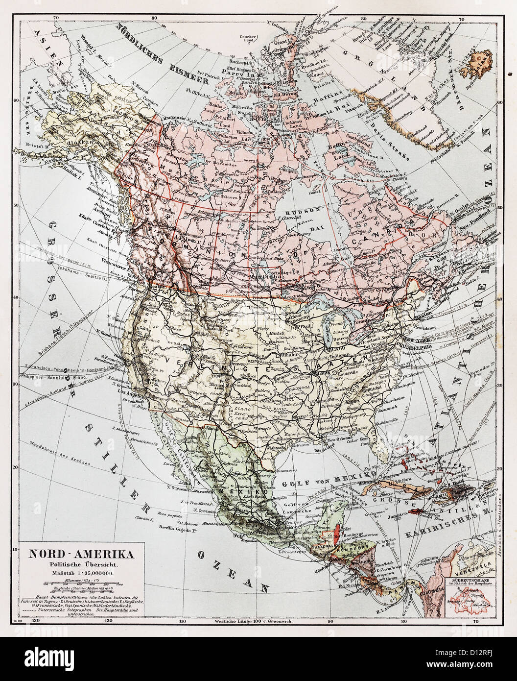 Vintage mapa político del continente de América del Norte a finales del siglo XIX. Foto de stock