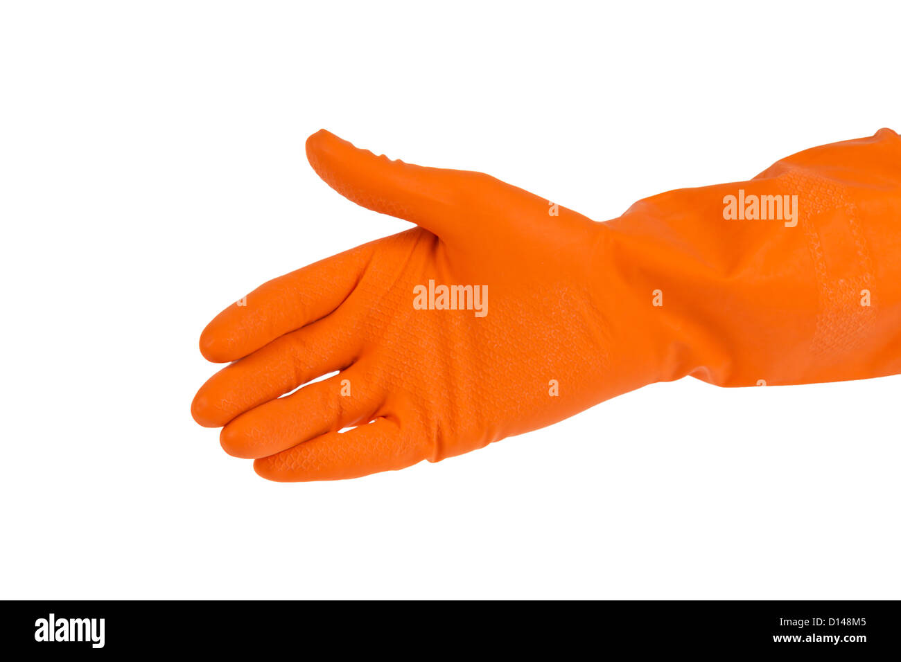 Mano tendida en un guante de goma naranja aislado en blanco Fotografía de  stock - Alamy