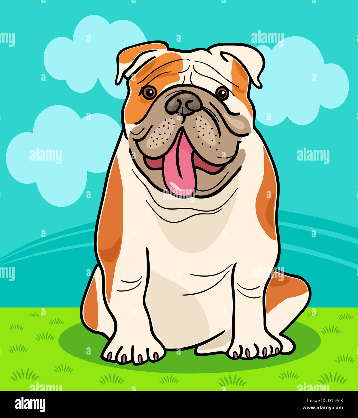 Ilustración de dibujos animados divertido perro Bulldog Inglés contra el  cielo con nubes Fotografía de stock - Alamy