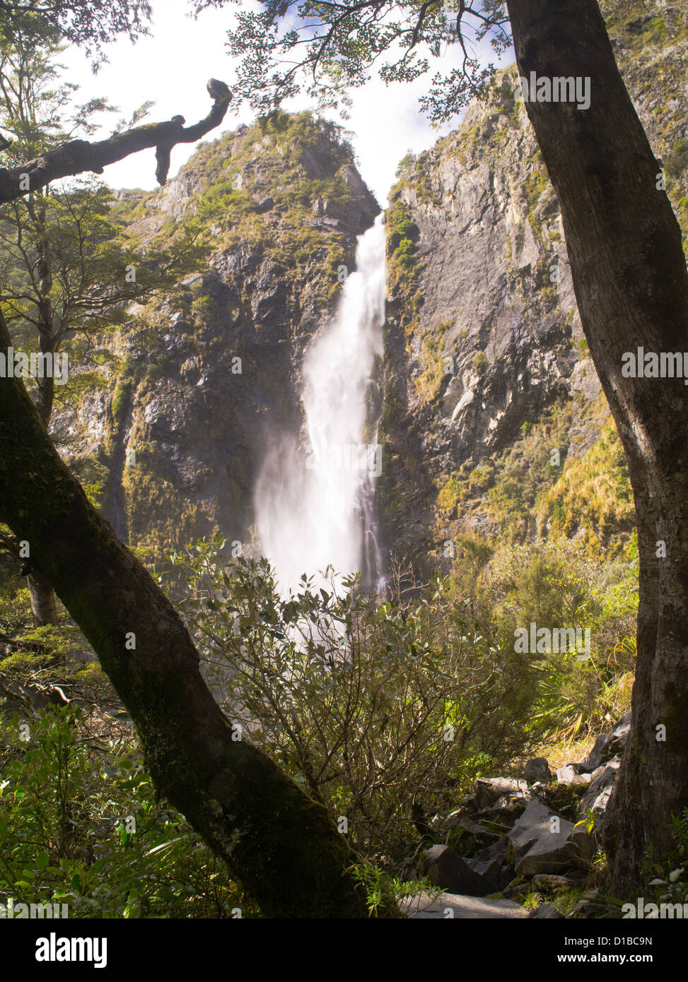 Nueva Zelandia devil's punchbowl cascada en un día soleado; Arthur's Pass National Park Foto de stock